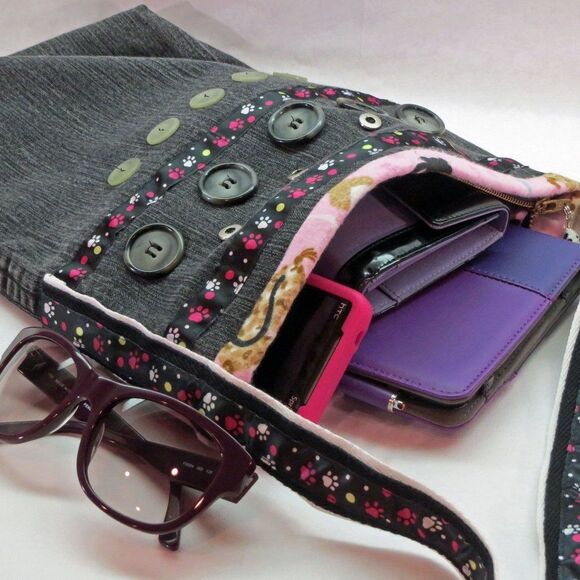 Cat Lover Black Denim Shoulder Bag Zip close UNIQUE - Picture 2 of 9